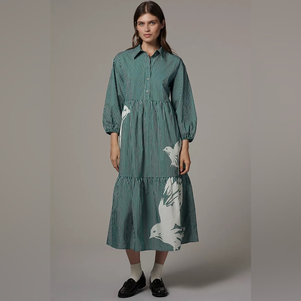 Anthropologie Maeve Bettina Shirt Dress Green Stripe Birds (Size XS) - NWT